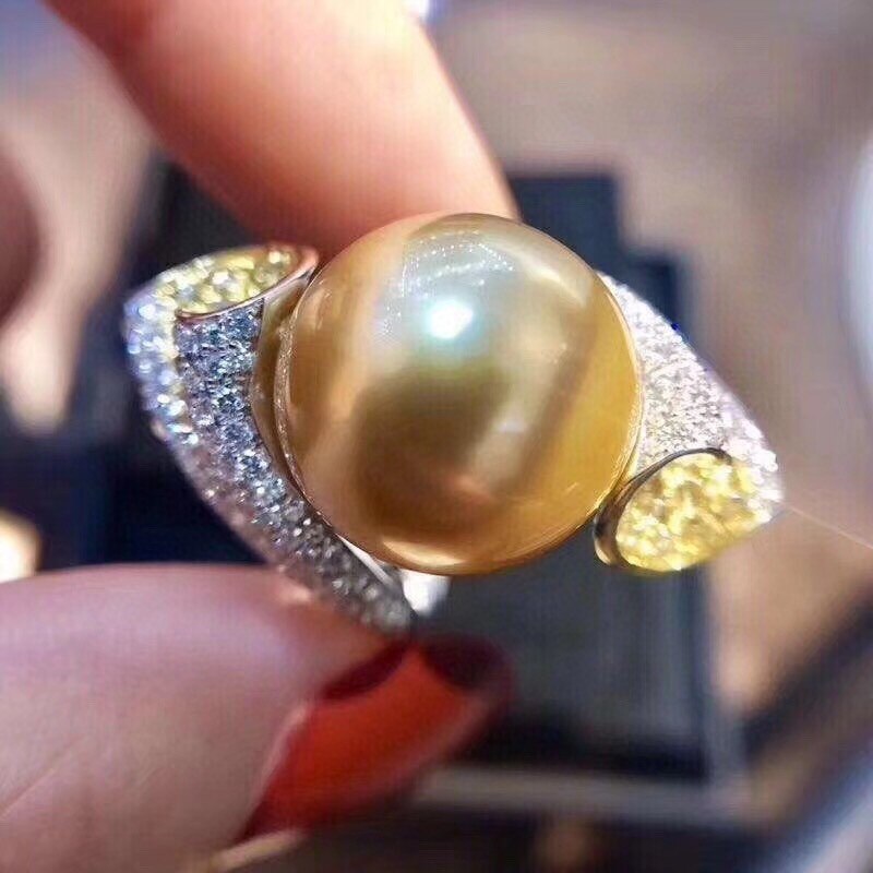 925 Sterling Silver Natural 12-11mm Fresh Water Golden Pearl Ring