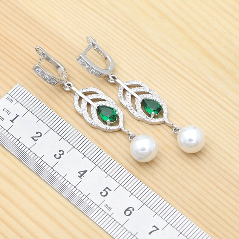 Silver Natural Green Cubic Zirconia White Pearl Jewelry Set for Women