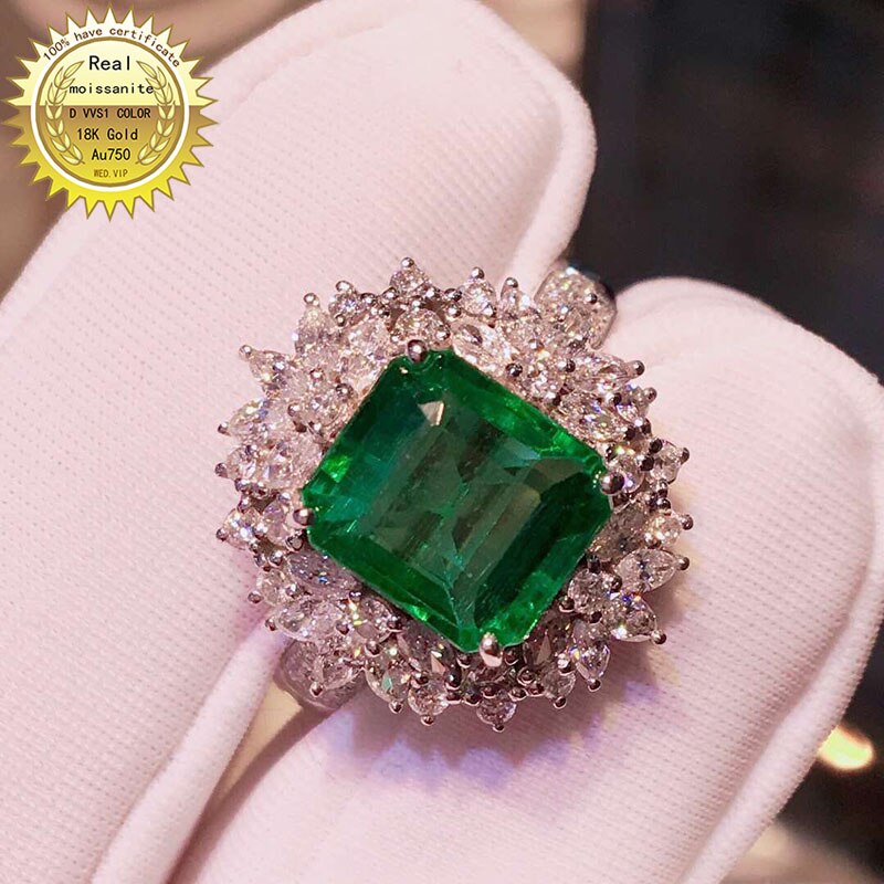 10K Gold Ring Lab Created 4ct Emerald and Moissanite Diamond Ring with National Certificate