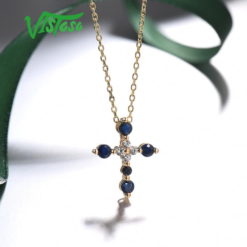 14K Yellow Gold Cross Blue and White Sapphire Pendant for Women