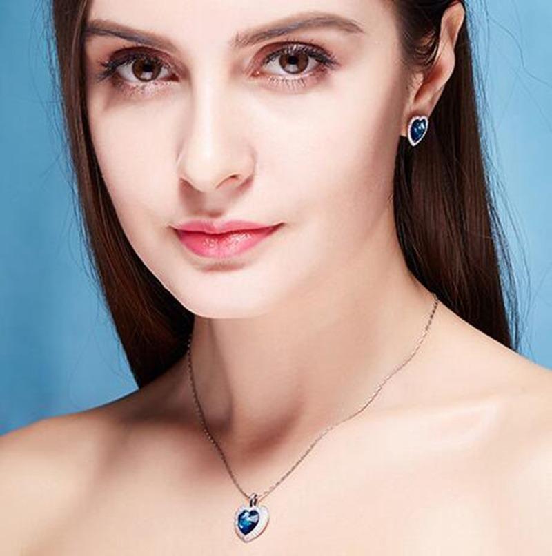 Blue Heart Necklace Earrings Fashion Jewelry Set Womans Romantic Anniversary Beautiful Gift