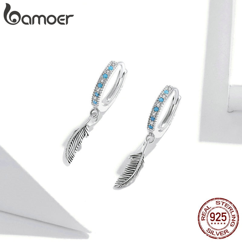 bamoer Boho Style 925 Sterling Silver Jewelry Turquoise Color Stone Feather Dangle Earrings for Women Earring with Charm SCE898