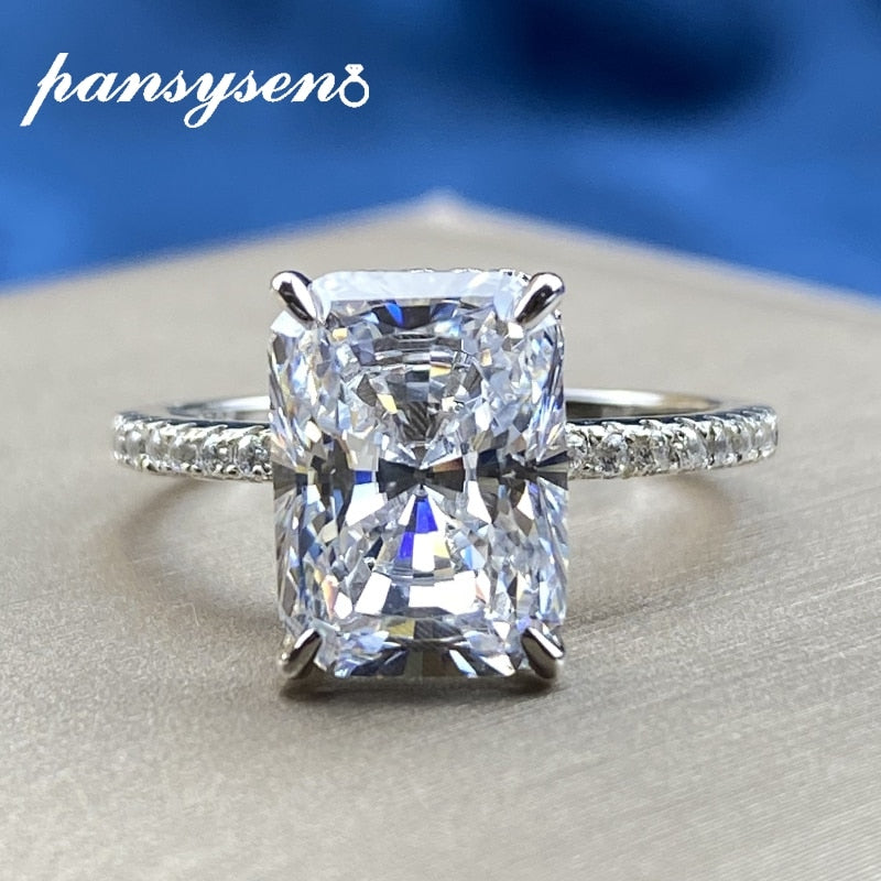 PANSYSEN Luxury 100% 925 Sterling Silver Simulated Moissanite Diamond Wedding Engagement Ring White Gold Color Fine Jewelry Gift