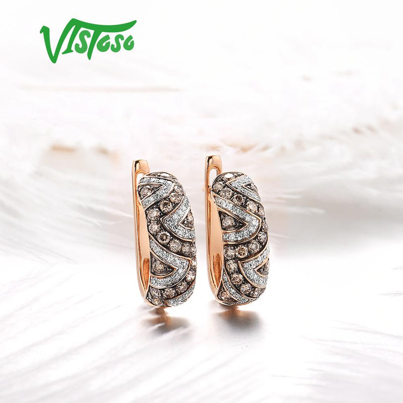 VISTOSO 14K 585 Rose Gold Glamorous Sparkling White and Brown Diamond Earrings