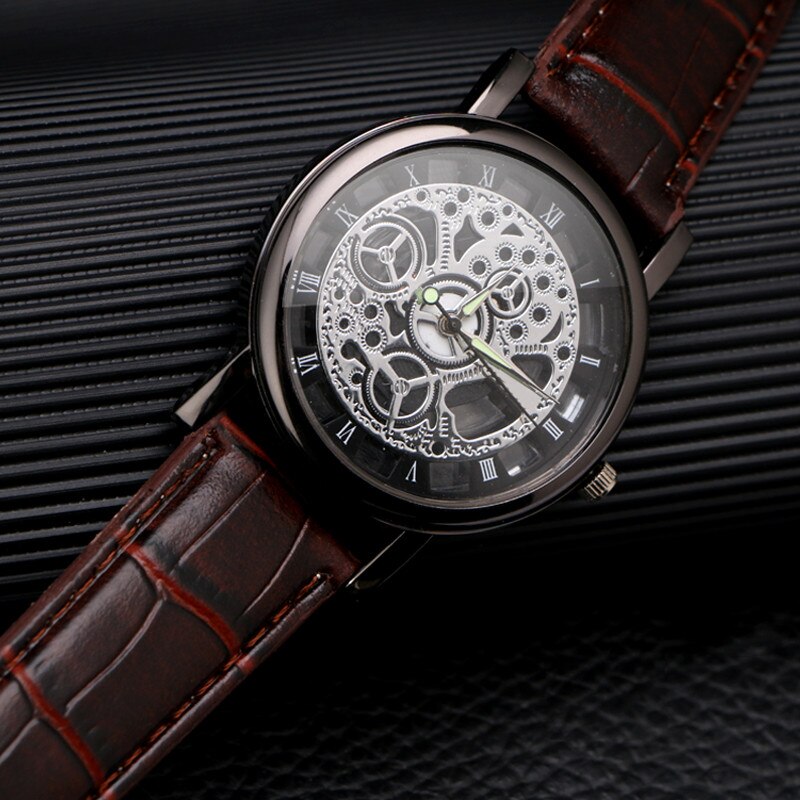 2021 Fashion Mens Gold Watches Business Luxury Hollow Mechanics-shape Leather Band Analog Quartz Wrist Watch Relogio Masculino