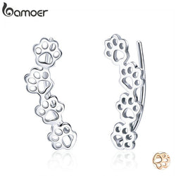 BAMOER 925 Sterling Silver Paw Trail Cat And Dog Footprints Stud Earrings