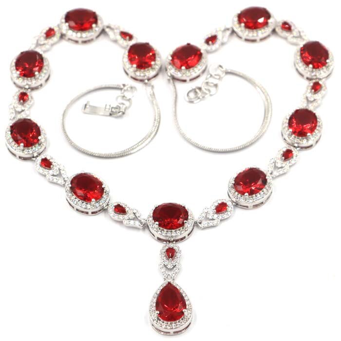 Beautiful Big 43.1g Created Red Blood Ruby Tanzanite White CZ Silver Necklace 19-19.5\ 48x16mm"