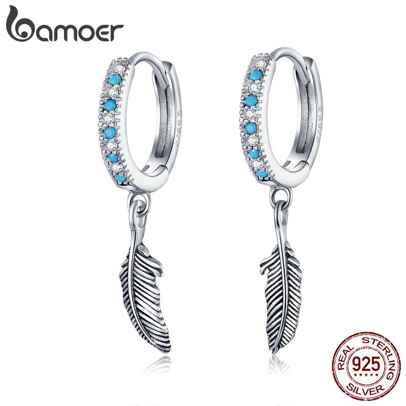 Sterling Silver Turquoise Feather Dangle Earrings for Women