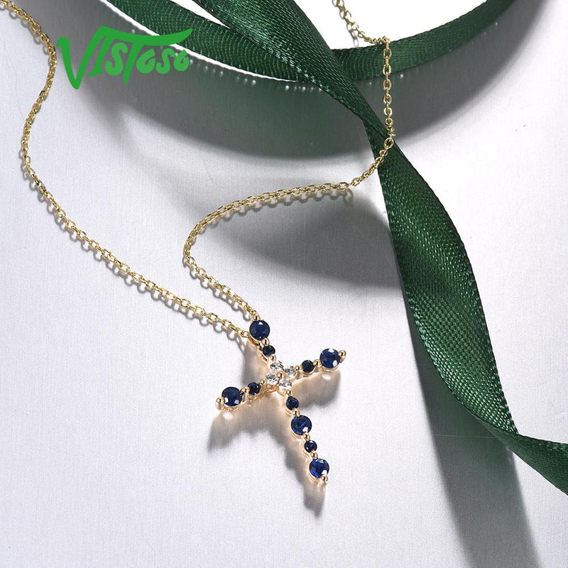 14K Yellow Gold Blue Sapphire White Sapphire Cross Pendant for Women