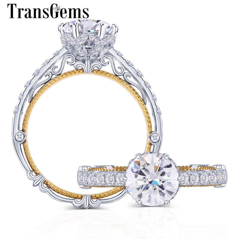 TransGems 14K White and Yellow Gold Moissanite Diamond Vintage Ring