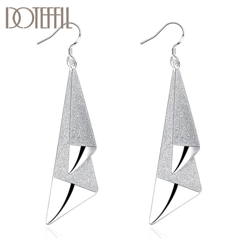 Sterling Silver Frosted Geometric Drop Earrings for Women