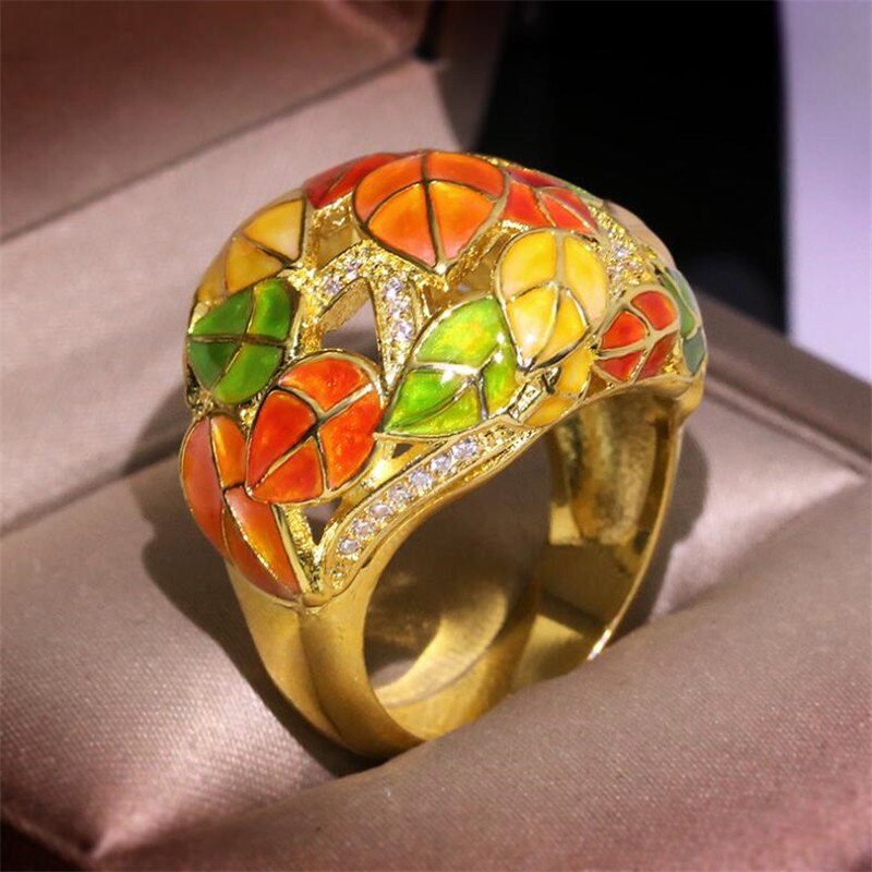 New Arrival Vintage Jewelry 925 Silver&Gold Fill Double Colorful AAA Cubic Zircon Enamel ring Women Wedding Leaf Band Ring Gift