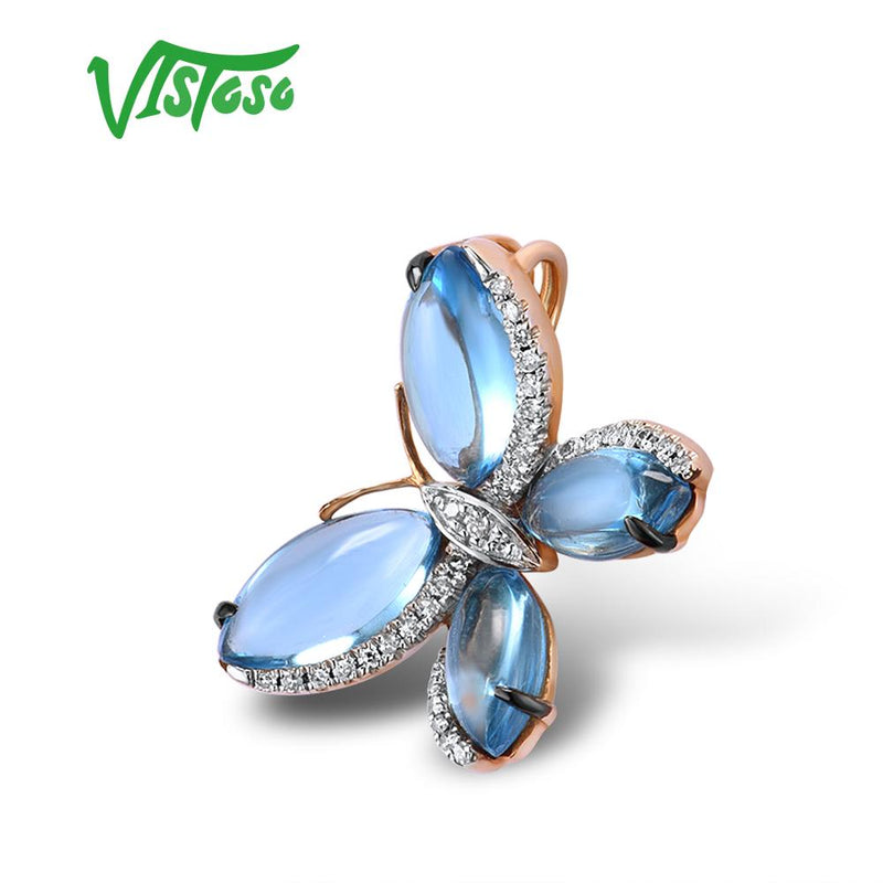 VISTOSO 14K 585 Rose Gold Limpid Blue Topaz Shiny Diamond Butterfly Pendant