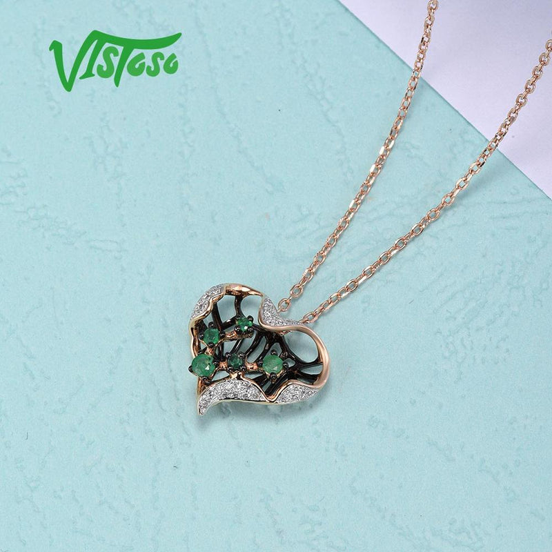 14K Rose Gold Natural Emerald and Diamond Hollow Heart Pendant for Women