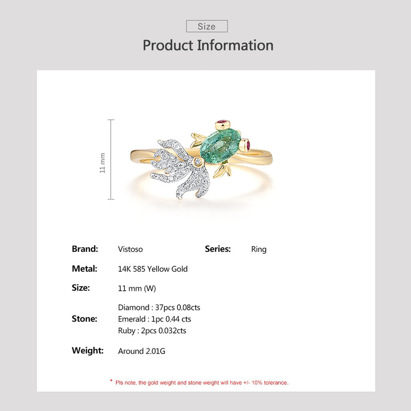 14K Gold Natural Emerald Ruby Diamond Fish Ring For Woman