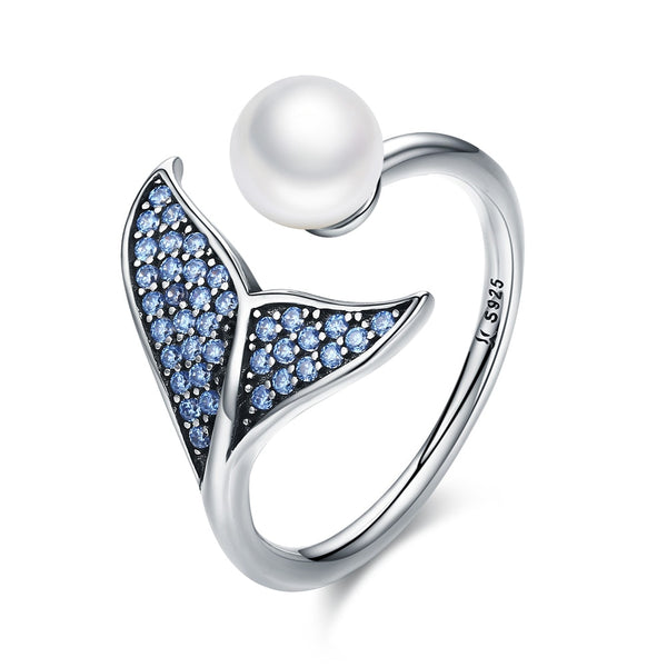 Sterling Silver Mermaid Fish Tail Shell Pearl Finger Ring for Women