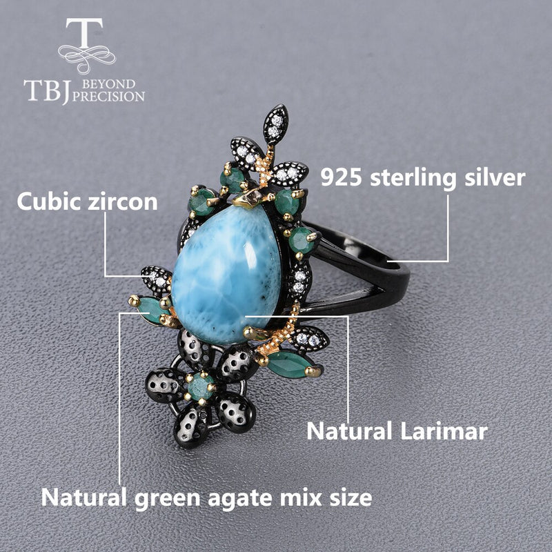 925 Sterling Silver Natural Agate Larimar Retro Design Earrings & Ring Jewelry Set