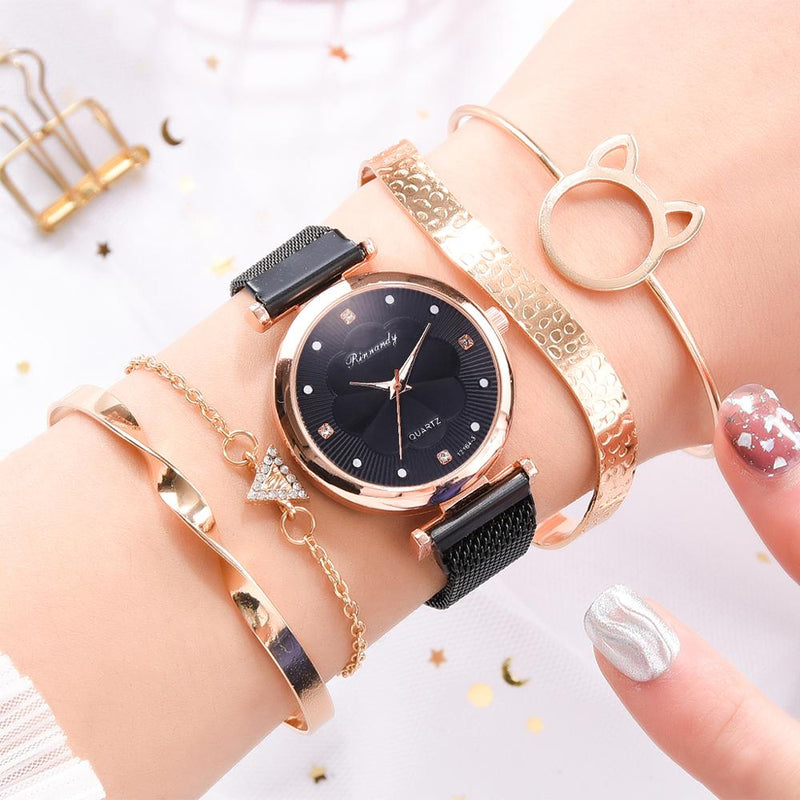 Stainless Steel Rhinestone Flower Watch Set for Women