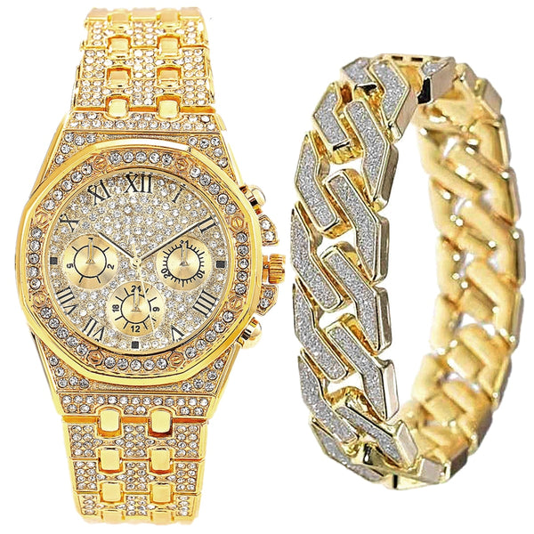 Gold Cuban Chain Watch Bracelet Set for Men