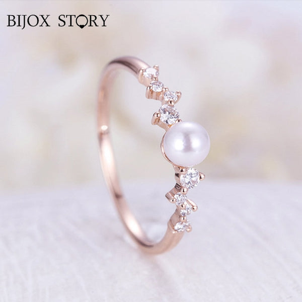 BIJOX STORY Trendy 925 Sterling Silver Freshwater Pearl Zircon Gemstone Ring