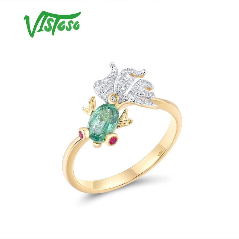 14K Gold Natural Emerald Ruby Diamond Fish Ring For Woman