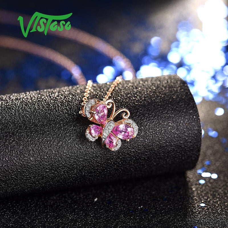 VISTOSO Genuine 14K 585 Rose Gold Sparkling Diamond Pink Sapphire Delicate Necklace Pendant
