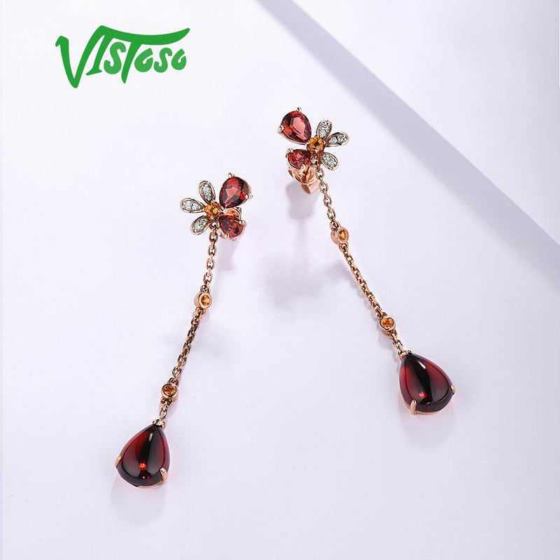 VISTOSO Pure 14K 585 Rose Gold Sparkling Diamond Citrine Garnet Unique Earrings