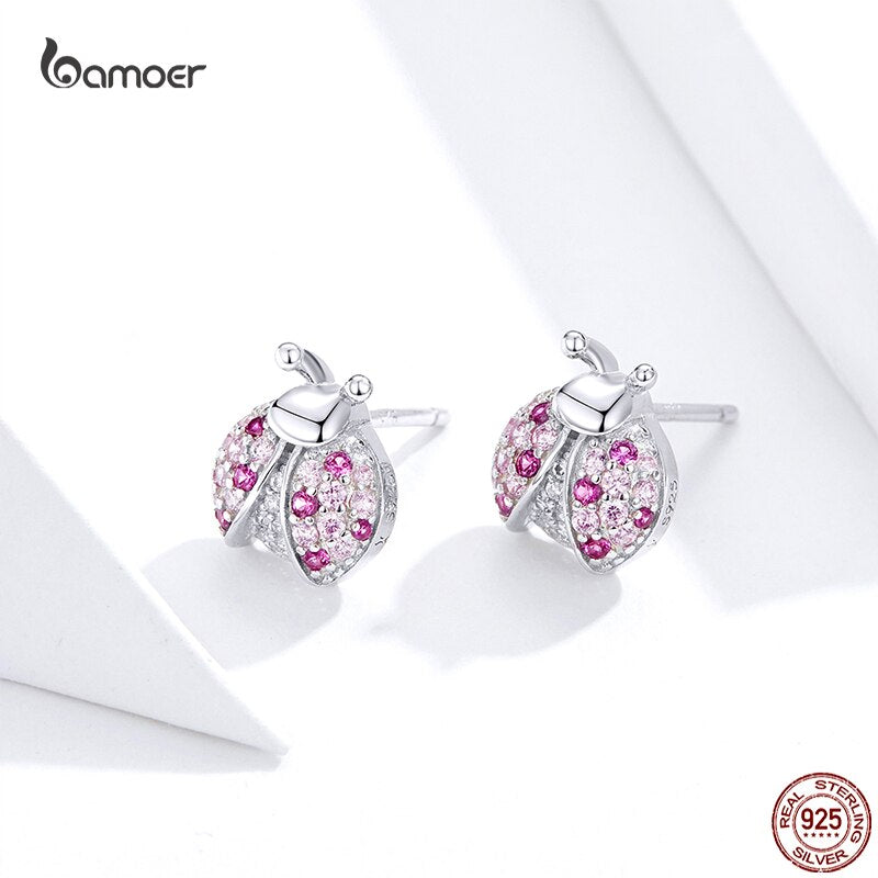 Sterling Silver Pink Ladybug Stud Earrings for Women