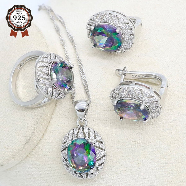 Sterling Silver Rainbow Zirconia Hoop Earrings Necklace Pendant Ring Set for Women