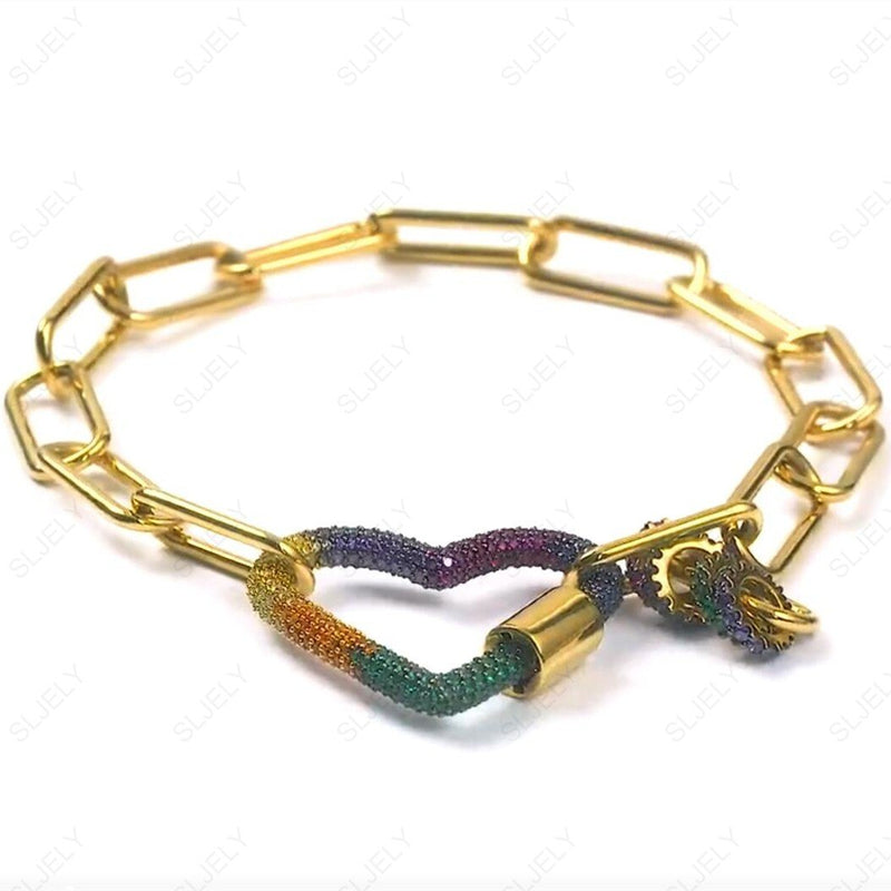 SLJELY Luxury S925 Sterling Silver Yellow Gold Multicolor Cubic Zirconia Rainbow Heart Chain Bracelet