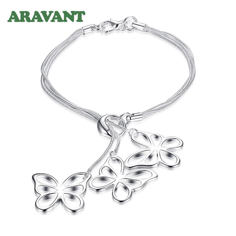 925 Sterling Silver Butterfly Link Chain Bracelet&Bangle For Women Silver Jewelry