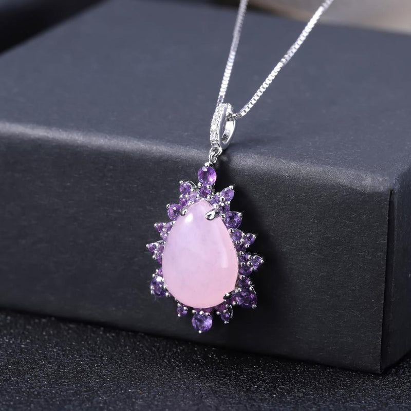GEMS BALLET 925 Sterling Silver Natural Pink Chalcedony Ring Earrings & Pendant Vintage Jewelry Set