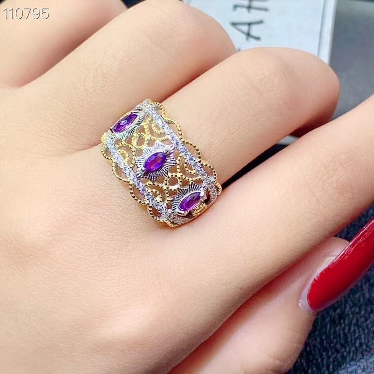 925 Sterling Silver Plated Gold Natural Amethyst Ring