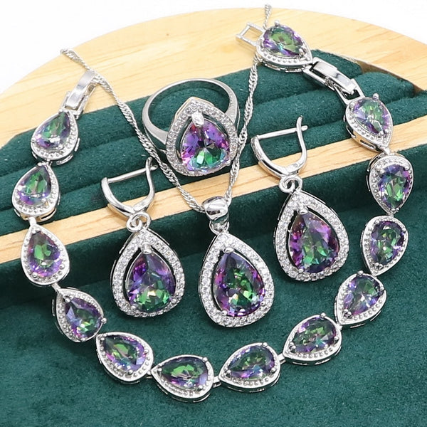 Water Drop  Rainbow Topaz 925 Silver Wedding Jewelry set for Women Party Bracelet Earrings Necklace pendant Ring