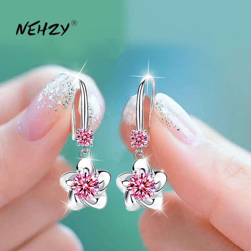 NEHZY 925 sterling silver new womens fashion jewelry pink blue white crystal zircon long tassel flower hook type earrings