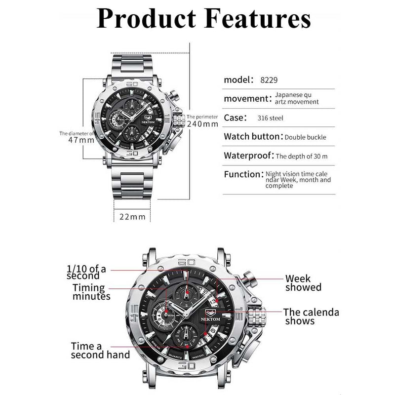 2021 Casual Men Sport Watches Fashion Waterproof Stainless Steel Chronograph Watch Top Brand Big Dial Business Men Wristwatch