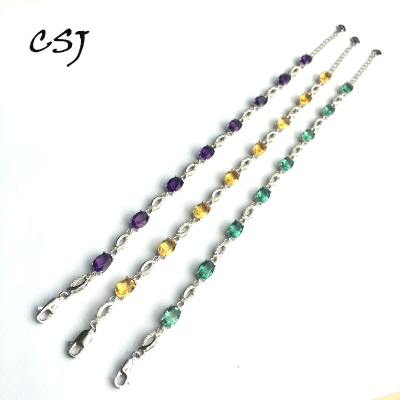 CSJ Natural Amethyst/Citrine/Green Quartz Gemstone Bracelet in 925 Sterling Silver