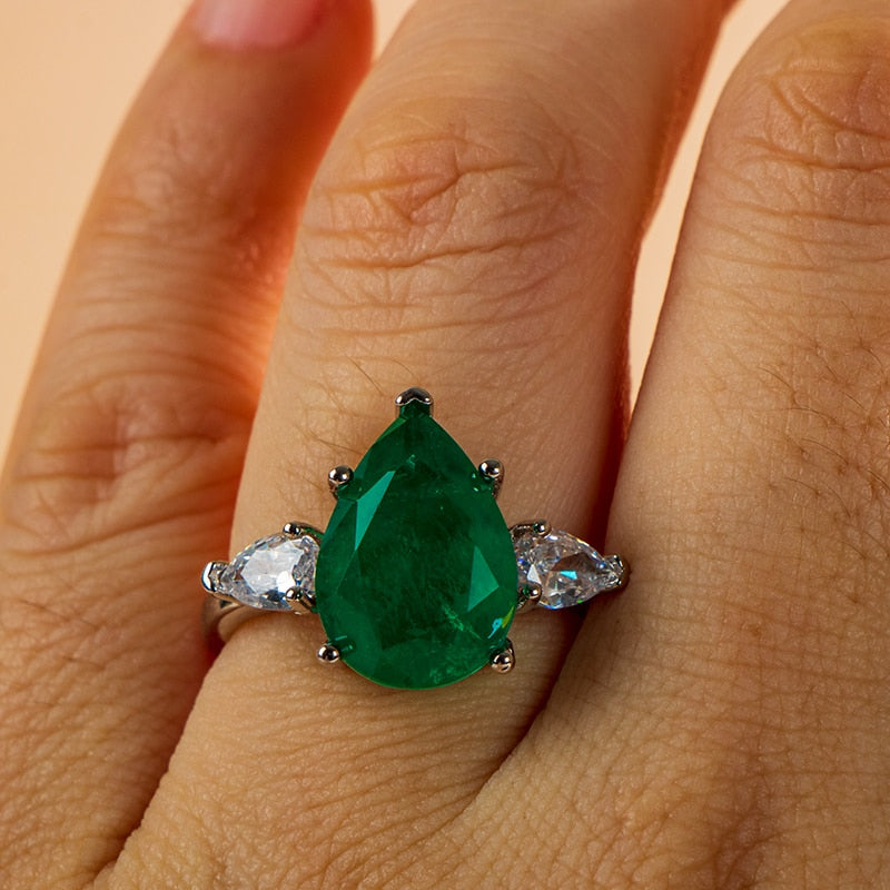 Sterling Silver Water Drop Emerald Ring for Women