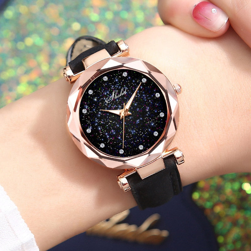 Women Quartz Watch Round Star Dial Wrist Watch with Perforated Frosted Strap TT@88