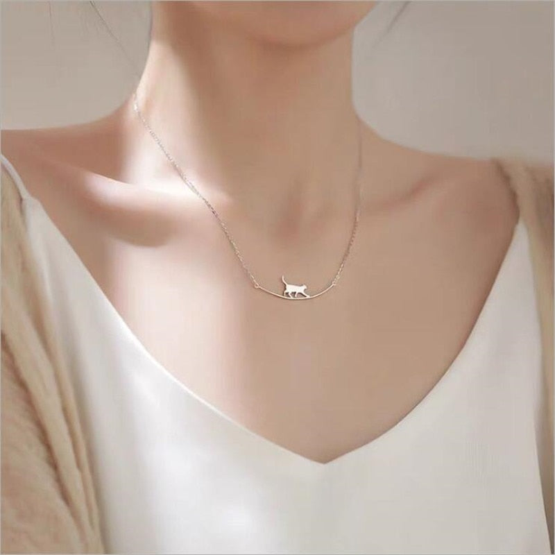 Cute Walking Cat Chain Necklace 925 Sterling Silver