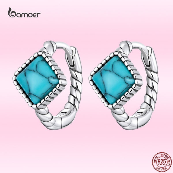 Bamoer Genuine 925 Sterling Silver Process Crack Square Turquoise Ear Buckles Earrings for Women Fashion S925 Piercing Jewelry