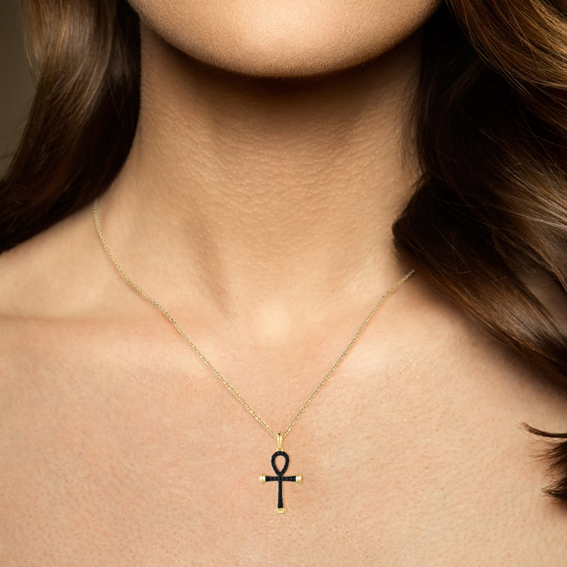 14K Yellow Gold Black Diamond Cross Pendant for Women