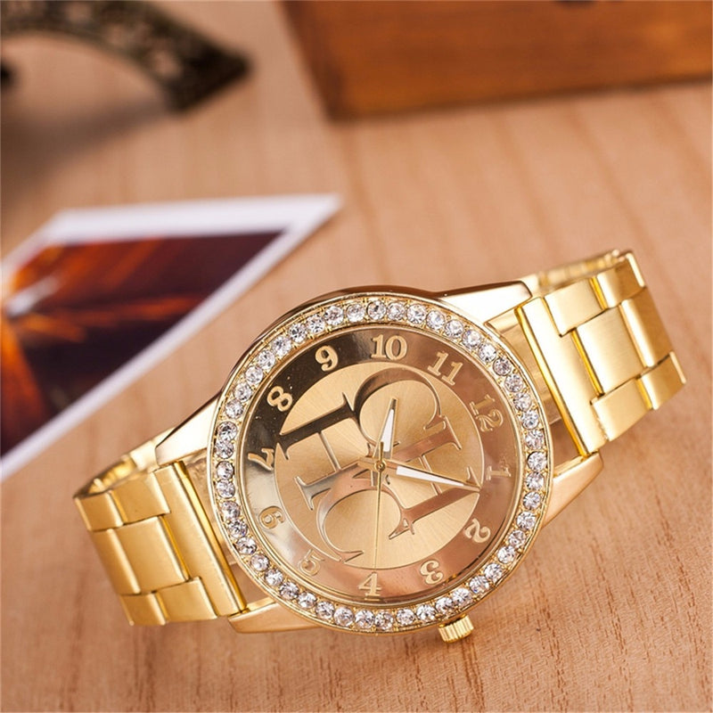 Rose Gold Stainless Steel Rhinestone Digital Watch for Ladies