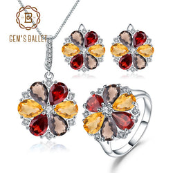 GEMS BALLET 925 Sterling Silver Natural Garnet Smoky Quartz Citrine Ring Earrings & Pendant Jewelry Set