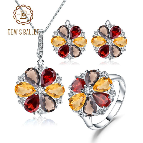 925 Sterling Silver Natural Garnet, Smoky Quartz & Citrine Gemstone Ring Earrings & Pendant Set for Her