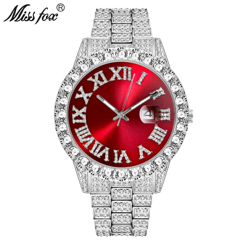 Big Diamond Red Mens Watches Top Luxury Brand 18K Gold Watch Men Stainless Steel Link Analog Best Quartz Wristwatch