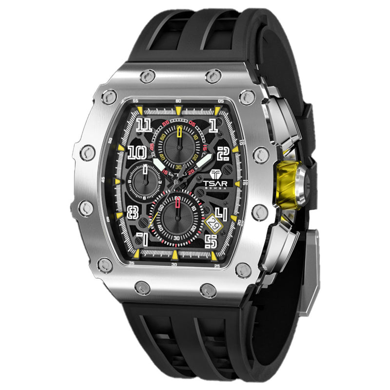 TSAR BOMBA Mens Watch Tonneau Design 100M Waterproof 316L Stainless Steel Wristwatch Sport Chronograph Stylish Gift for Man