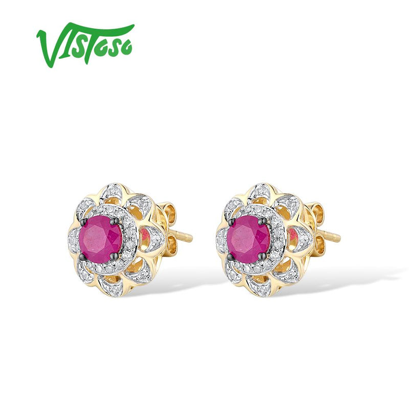 14K Yellow Gold Ruby Diamond Stud Earrings for Women