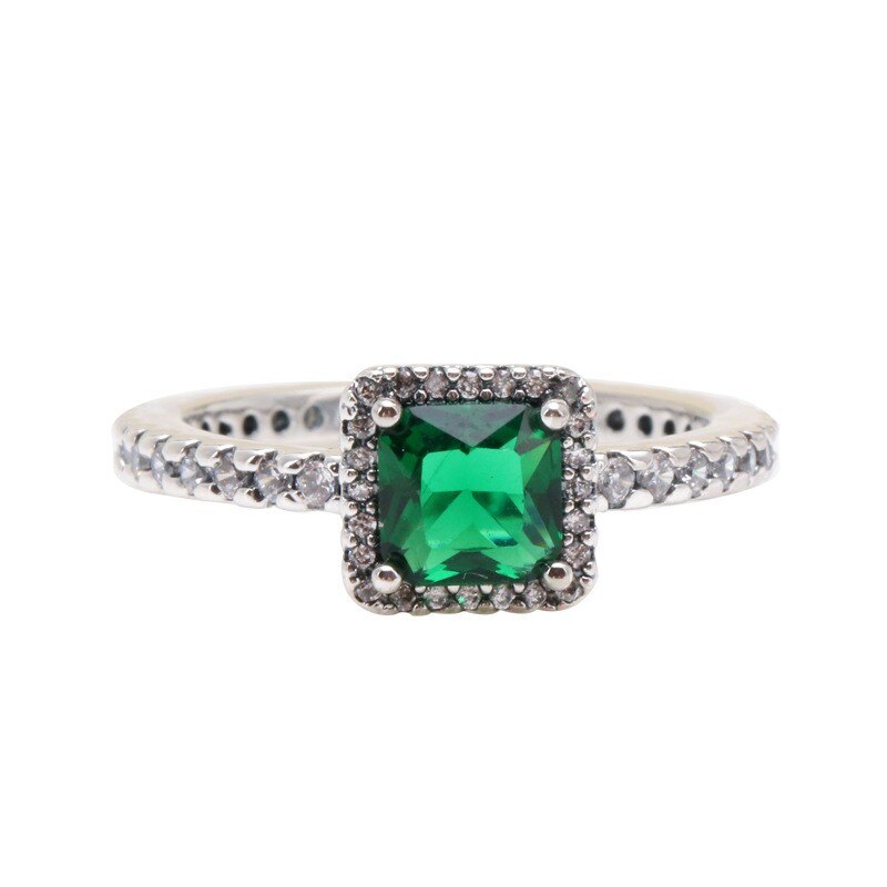 Original 925 Sterling Silver Pan Ring Green Square With Crystal Pan Ring For Women Wedding Party Gift Fashion Jewelry