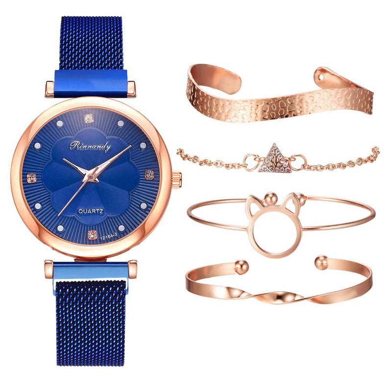 Stainless Steel Rhinestone Flower Watch Set for Women